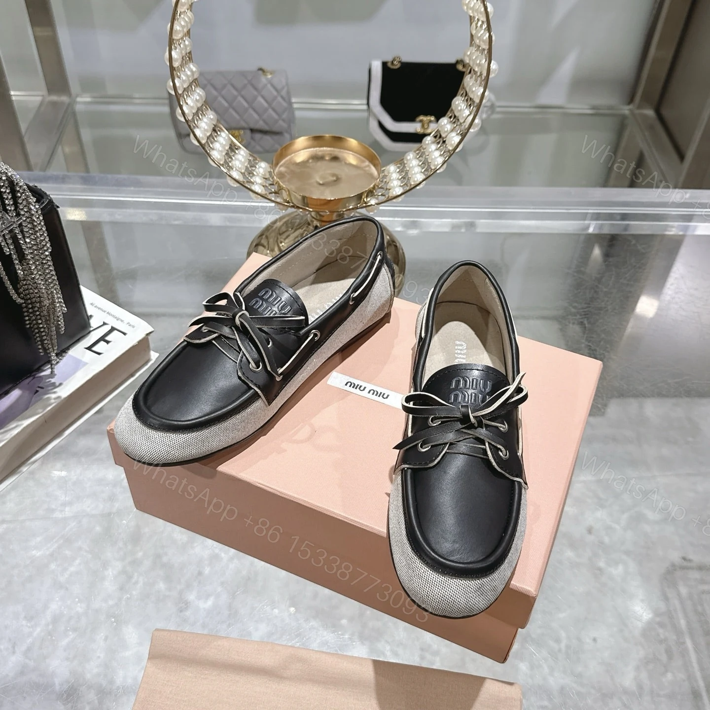 View 5 of MIUMIU CANVAS AND BLEACHED BOAT SHOES BLACK