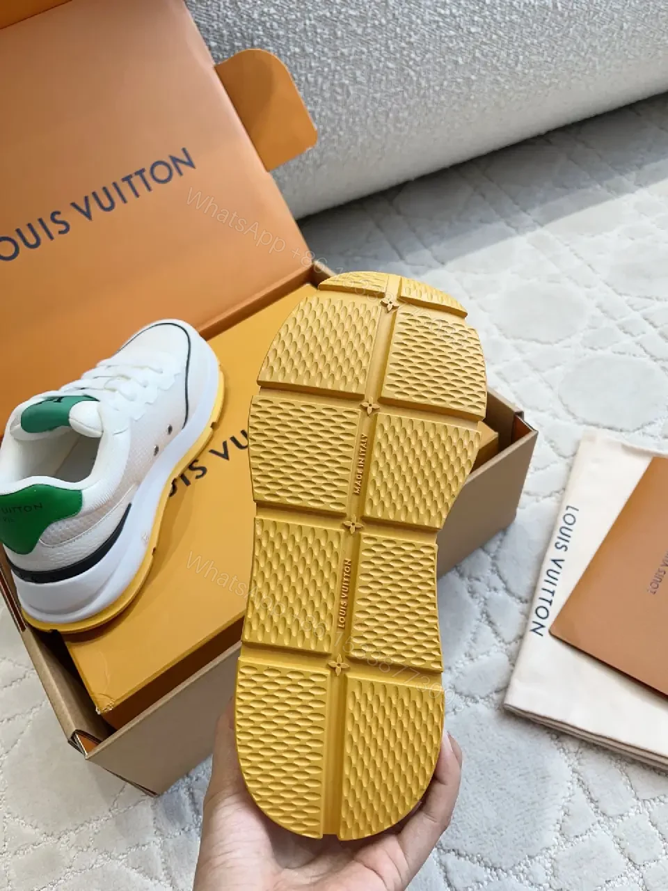 View 7 of Green Logo Knit White Leather Sneakers Lightweight Comfort Louis Vuitton Shoes