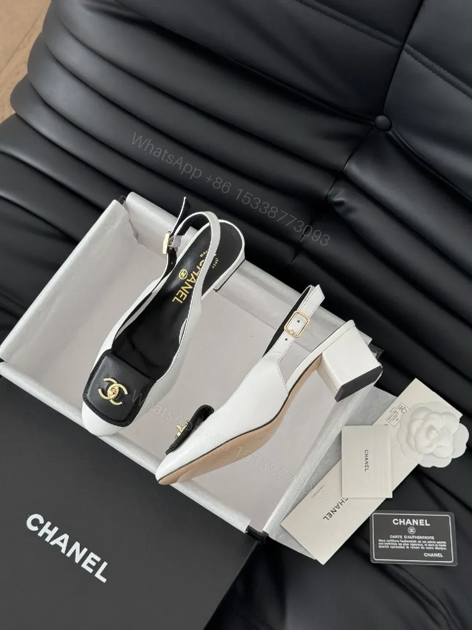View 8 of Black & White Leather Slingback Pumps, Gold Accent, Square-Toe, Comfort Mid-Heel