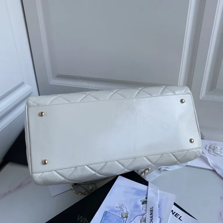View 8 of White Quilted Weekend Bag: Gold Chain, CC-Inspired Luxury