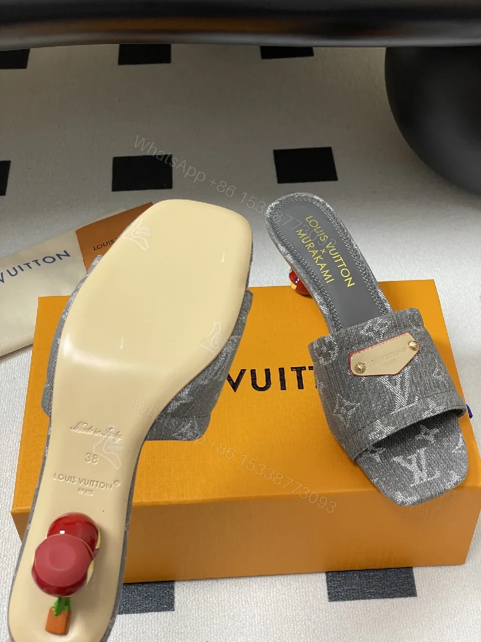 View 6 of Grey Velvet Monogram Mules with Leather Accents: Elevated Comfort