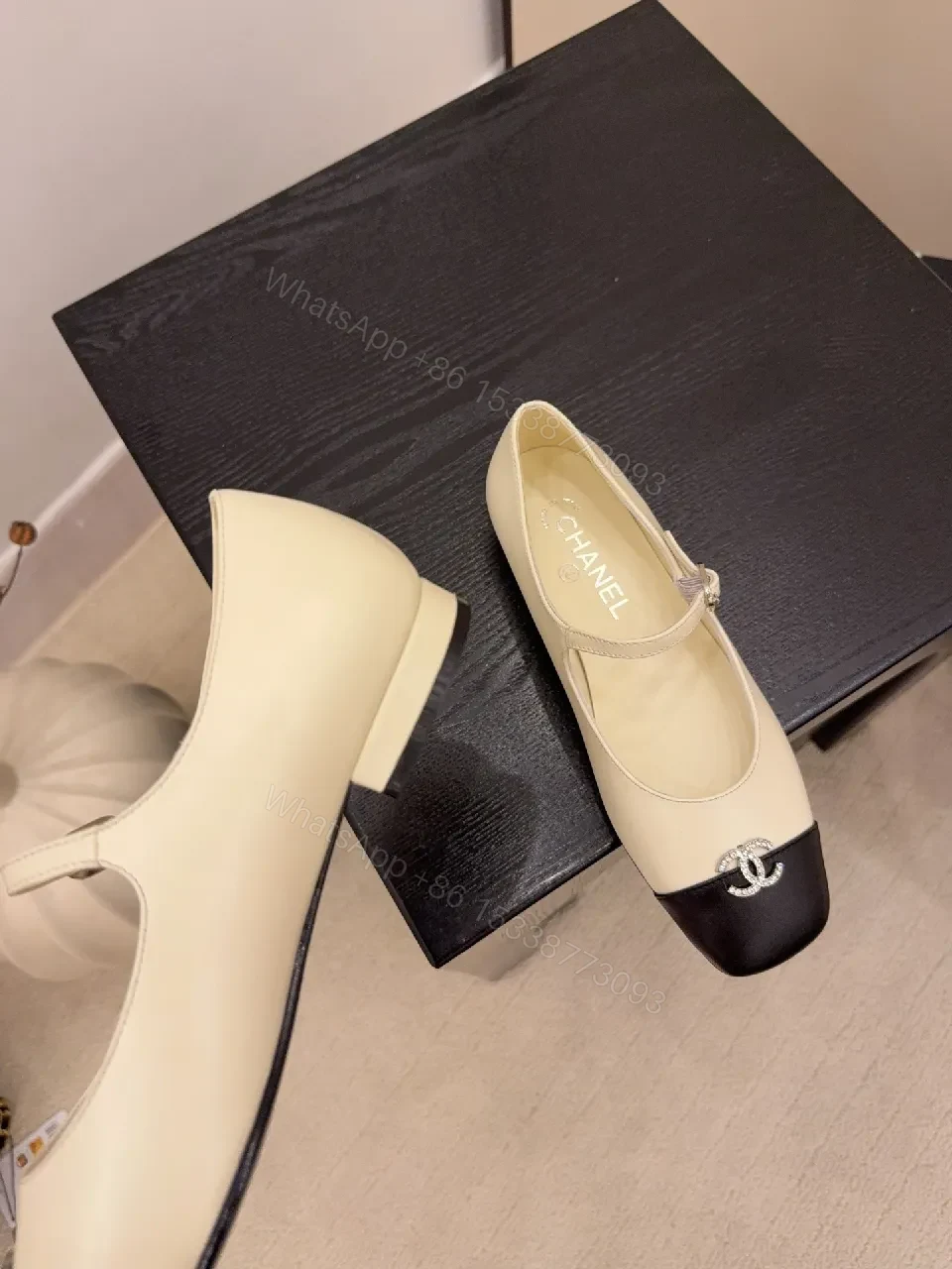 View 2 of Two-Tone Mary Jane Flats with Logo Hardware, Elegant Everyday Footwear