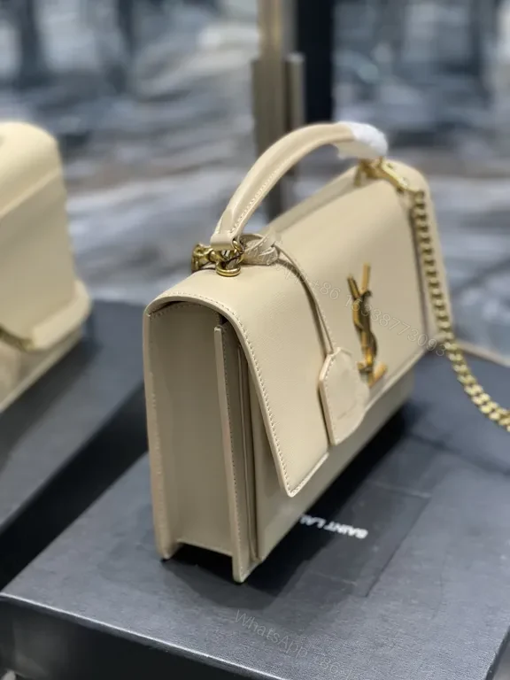 View 4 of Beige Leather Handbag â€“ Structured YSL Monogram, Top-Handle