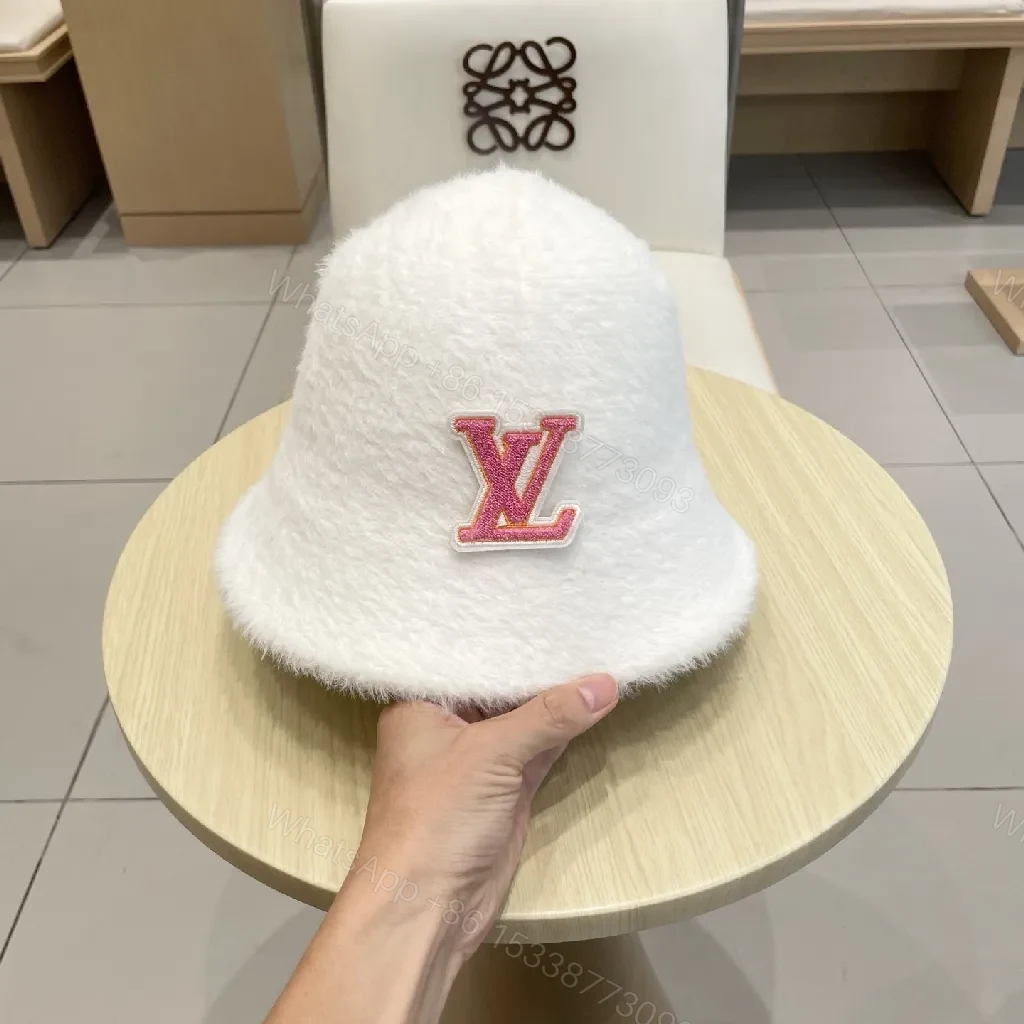 View 8 of White Fuzzy Bucket Hat - Pink Monogram Designer-Inspired Logo