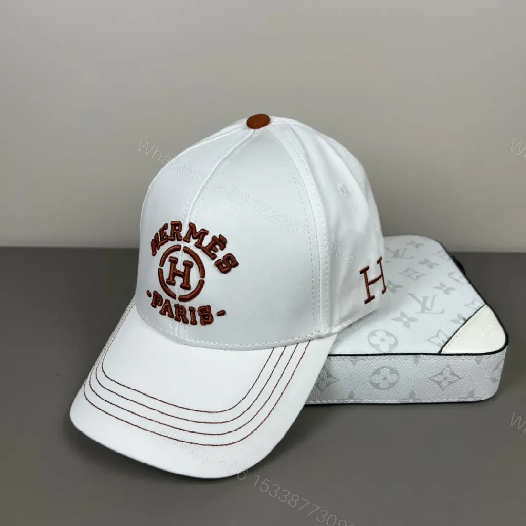 View 2 of White Cotton Cap + Embroidered Hermes Pattern + Modern Crown + Subtle Luxury + Cap