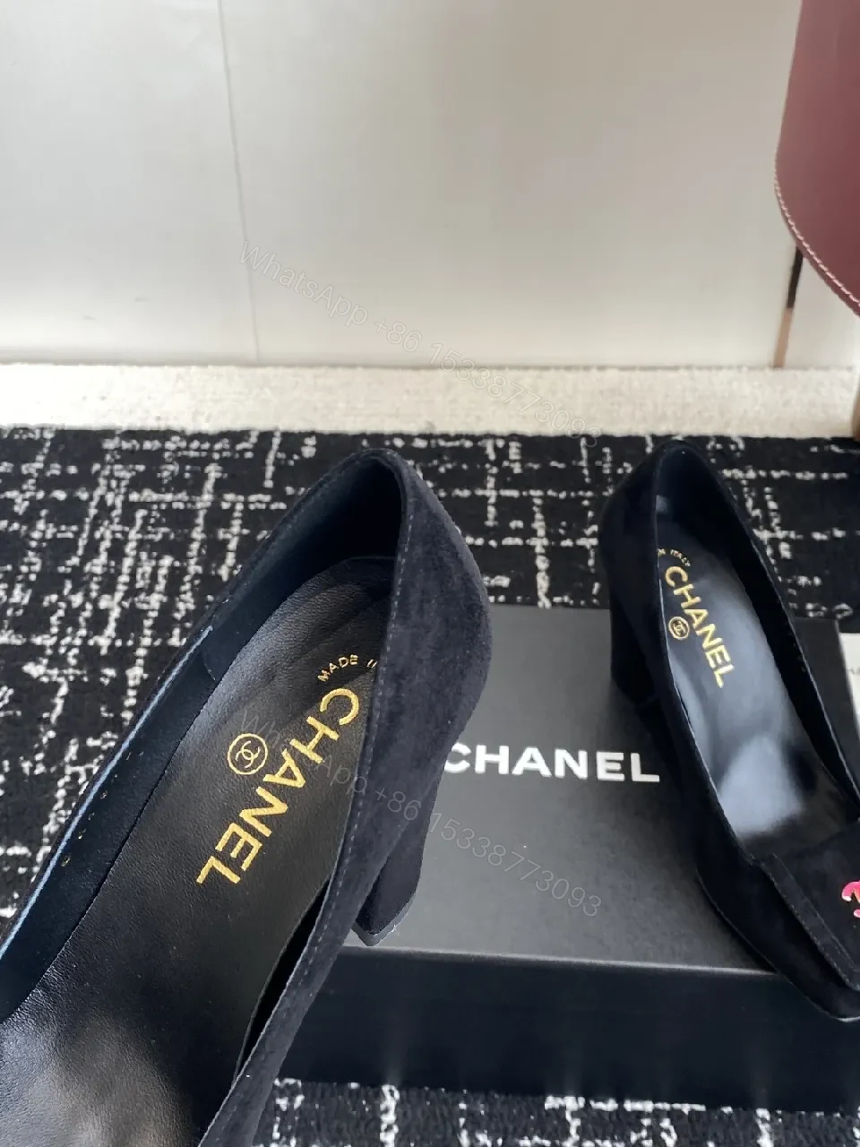 View 6 of Elegant Black Suede Pumps with Logo Detail Leather Heel
