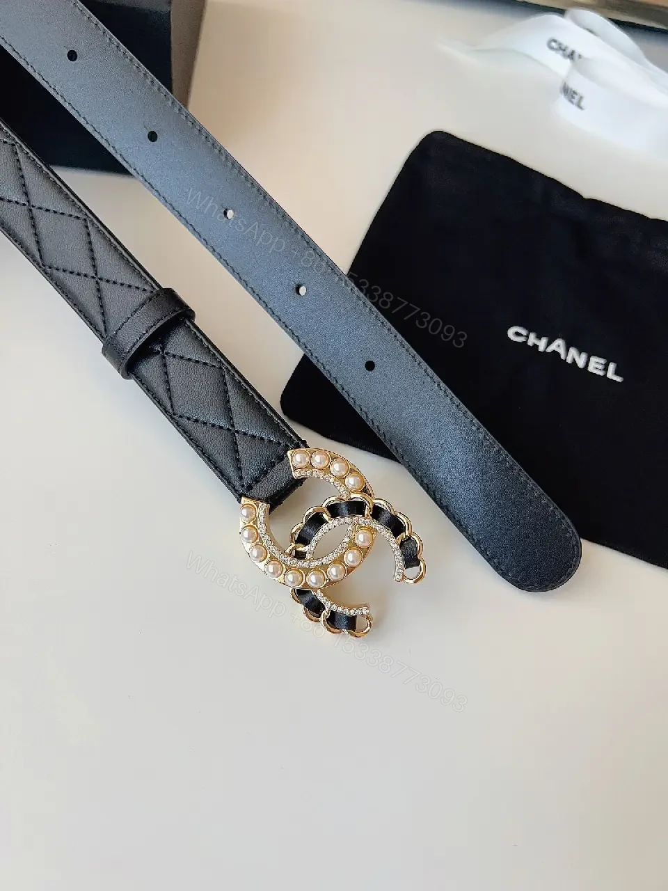 View 2 of Quilted Black Belt with Pearl Buckle - Lux Style Accessory