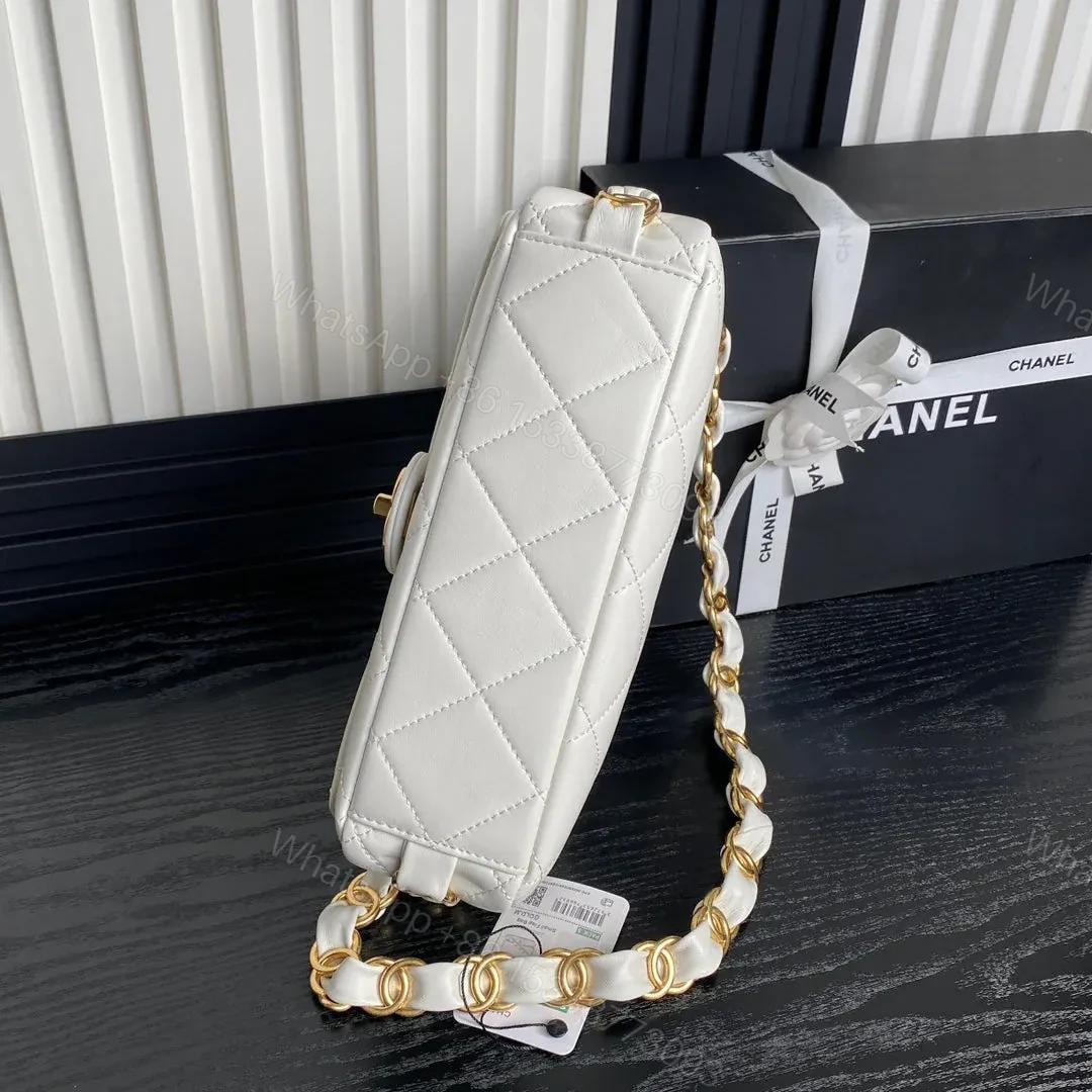 View 3 of CHANEL MEDIUM FLAP BAG 26 IN WHITE CALFSKIN GOLD DOUBLE C THICK CHAIN