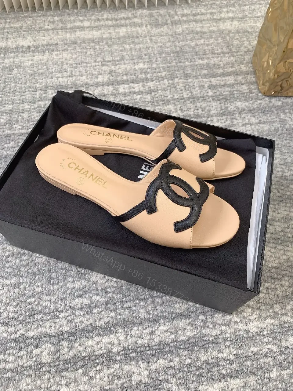 View 3 of Tan Leather Slip-Ons with Logo Detail – Everyday Luxe Sandals