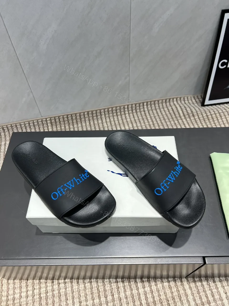 Black Synthetic Slides | EVA Comfort | Minimal Luxe Edge + Blue Logo — view 1