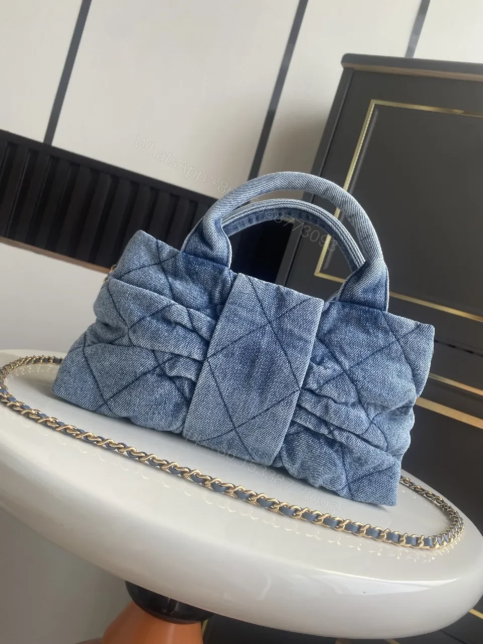 View 4 of Denim Quilted Mini Bag with Gold Hardware - Structured Chic