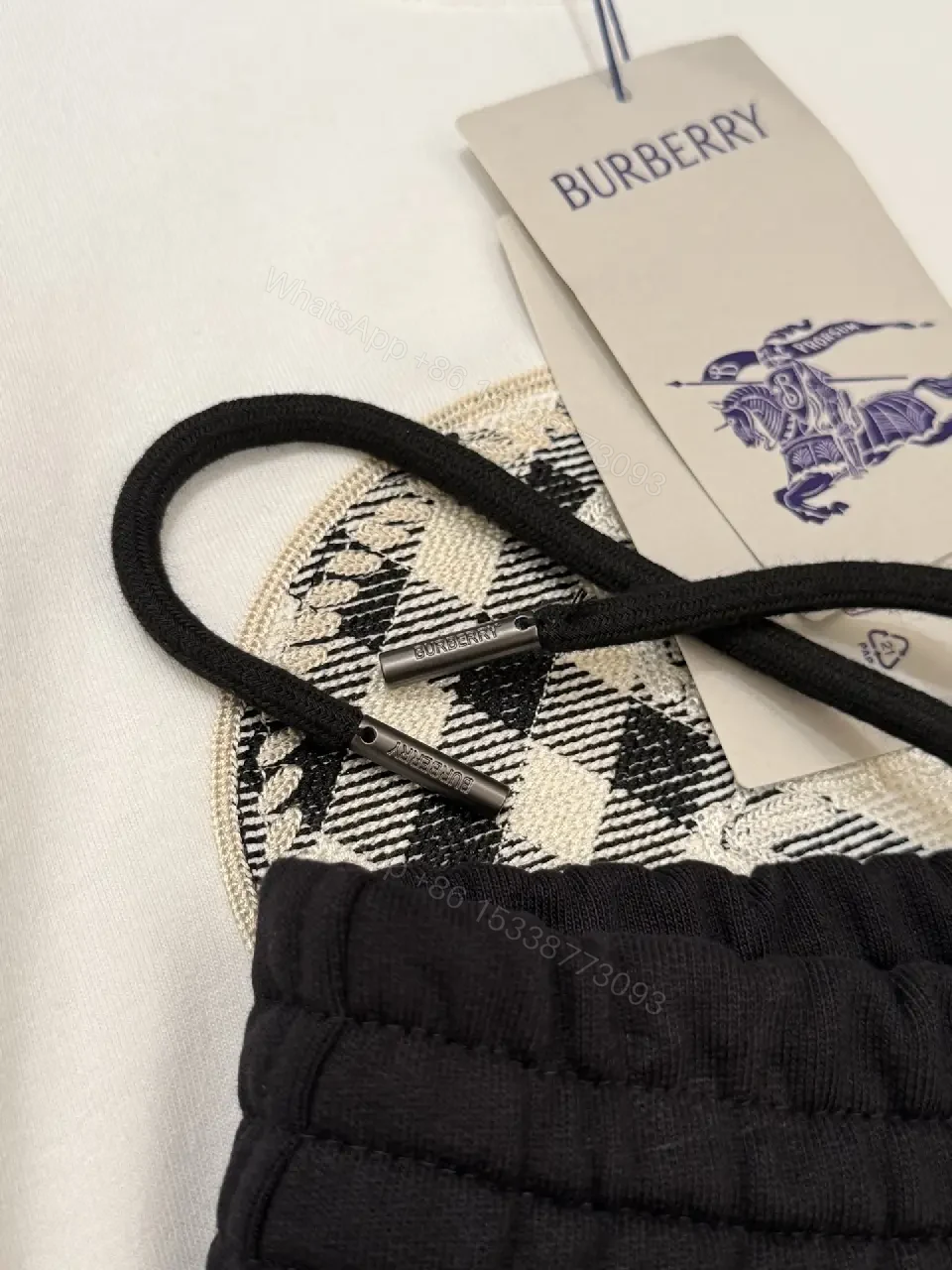 View 10 of Black Nylon Sweatshorts Drawstring Burberry Style Logo Embroidery Shorts