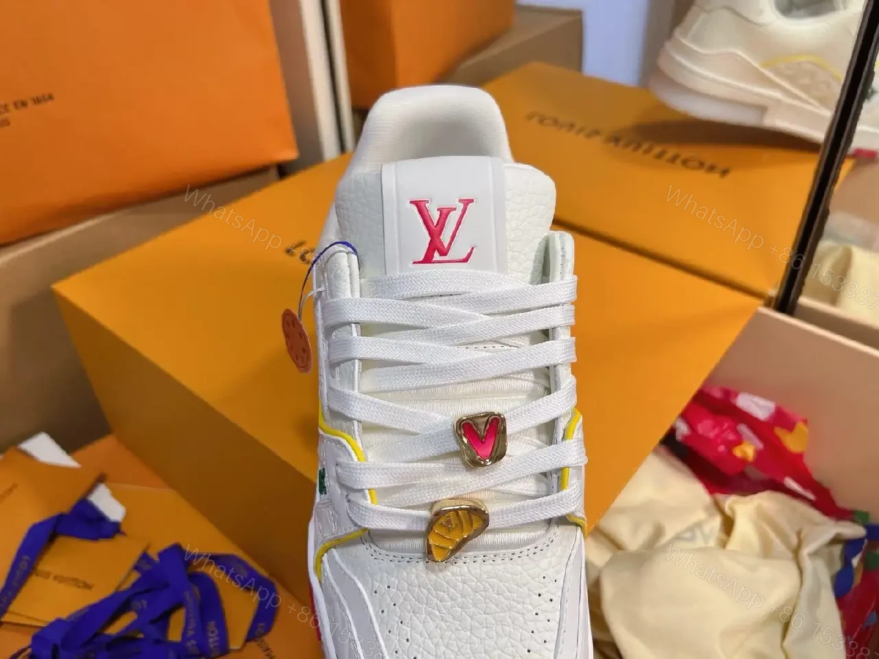 View 7 of Bright Neon Accents Premium White Leather High-Tops
