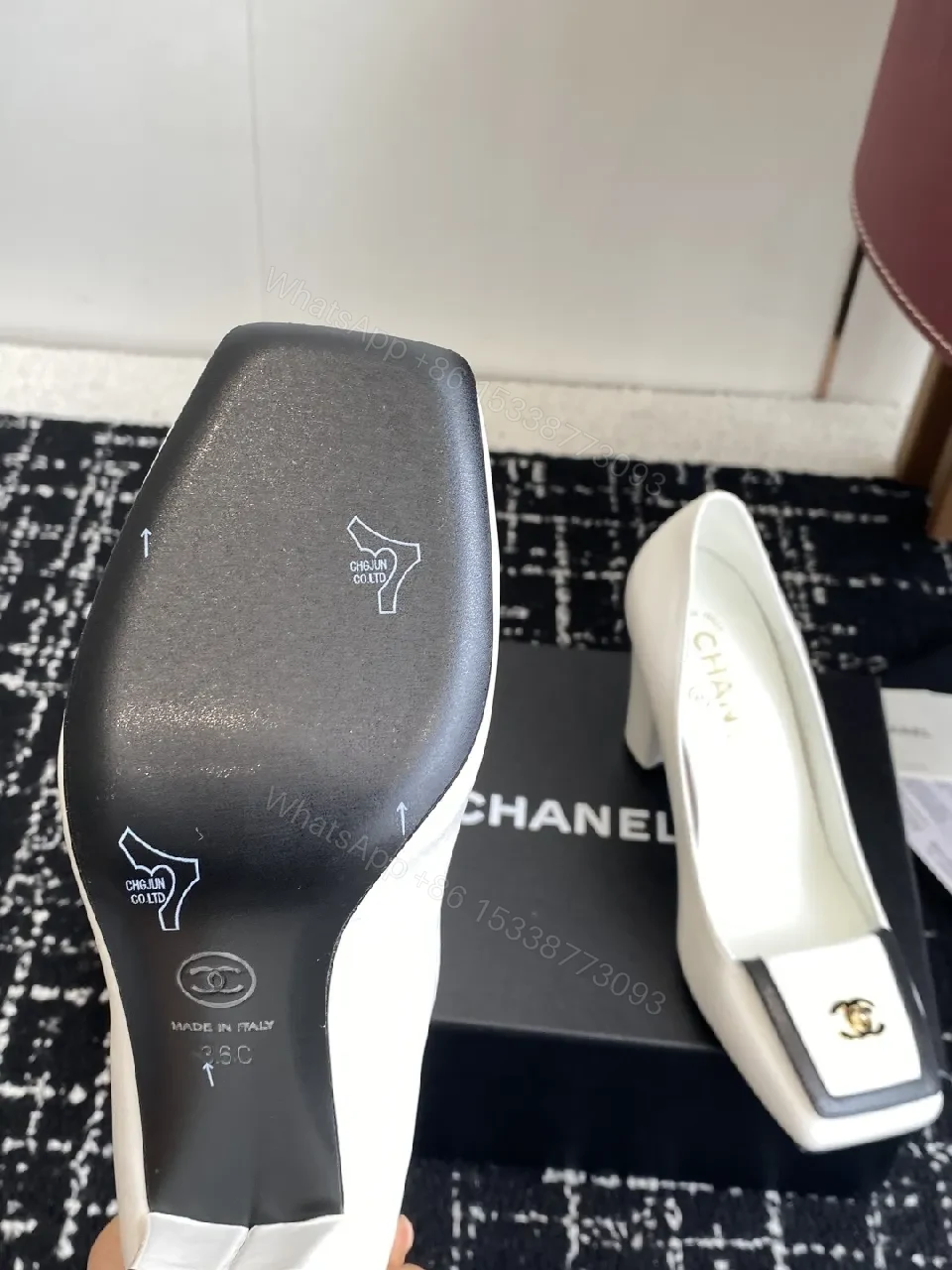 View 7 of White Leather Block-Heel Pumps with Gold Crest Accent