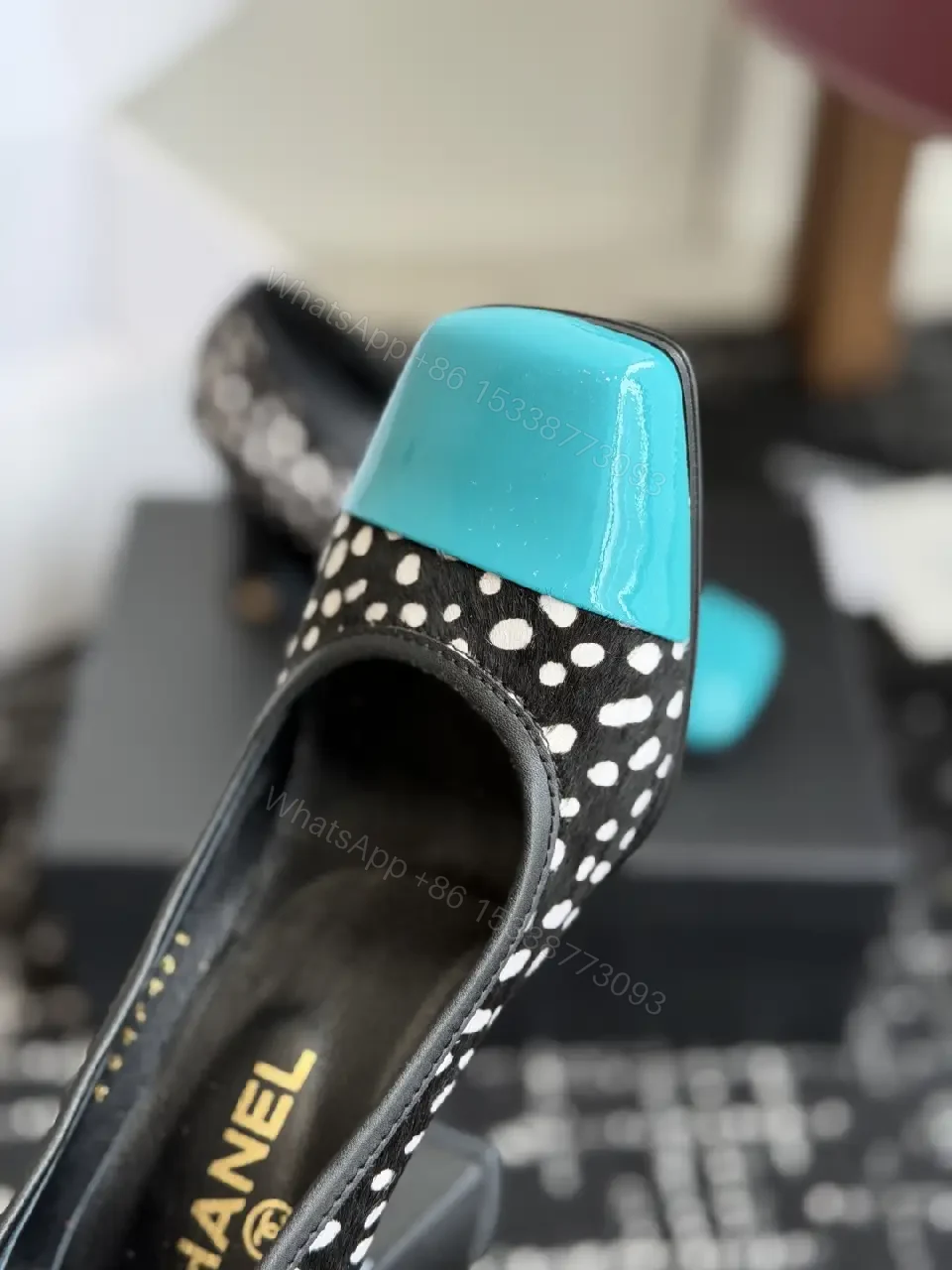 View 7 of Black/White Polka Dot Heels with Turquoise Cap Toe, Block Heel Style, Chanel-inspired, Pump