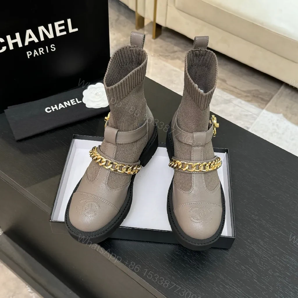 Taupe Knit Sock-Ankle Boots with Leather Accents and Gold Chain — view 1