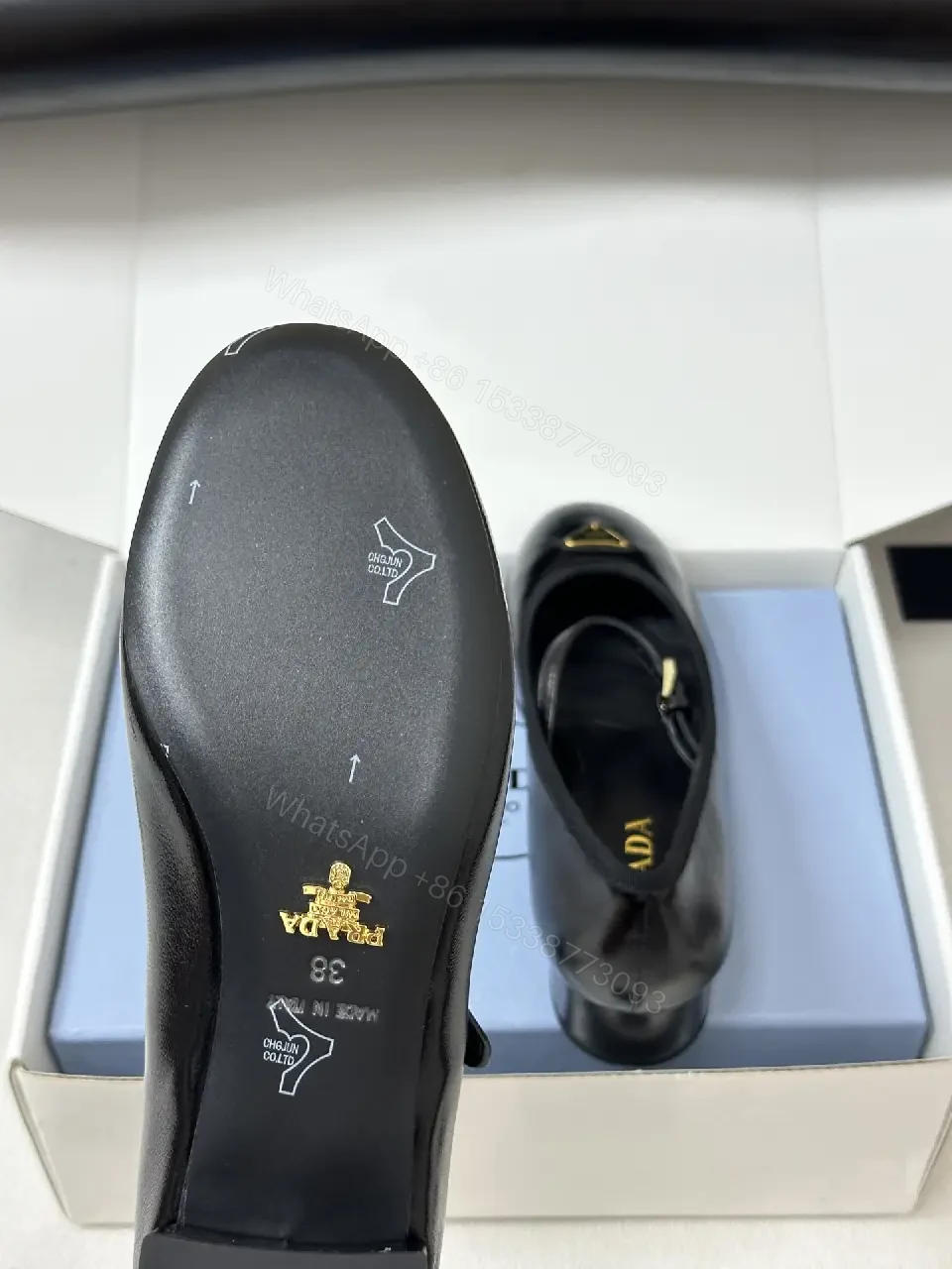 View 4 of Black Leather Mary Jane Heels with Logo Accent, Prada-inspired style