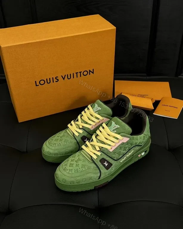 View 5 of Green LV-Style High-Top Sneakers with Signature Motif