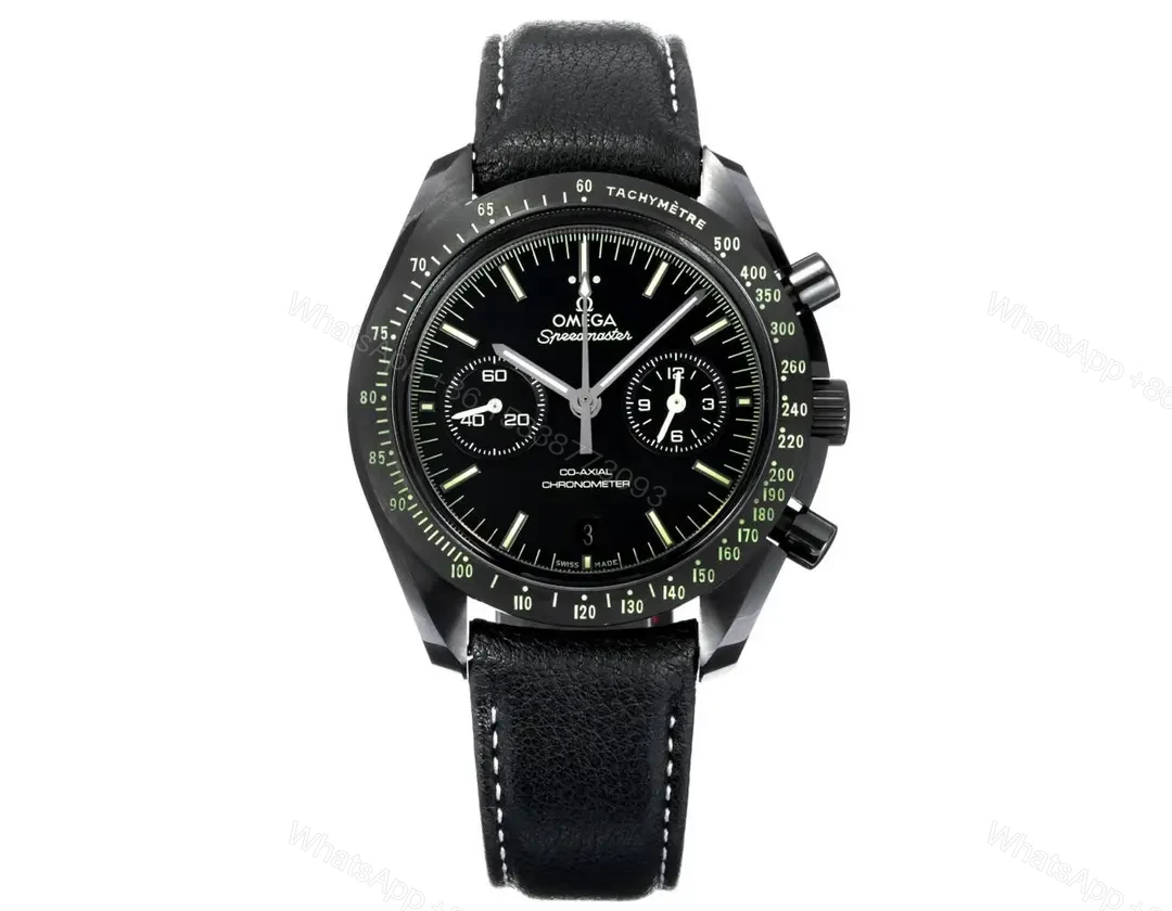 Omega Dark Side of the Moon Series Full Ceramic Black Chronograph Watch with Black Leather Strap — view 1
