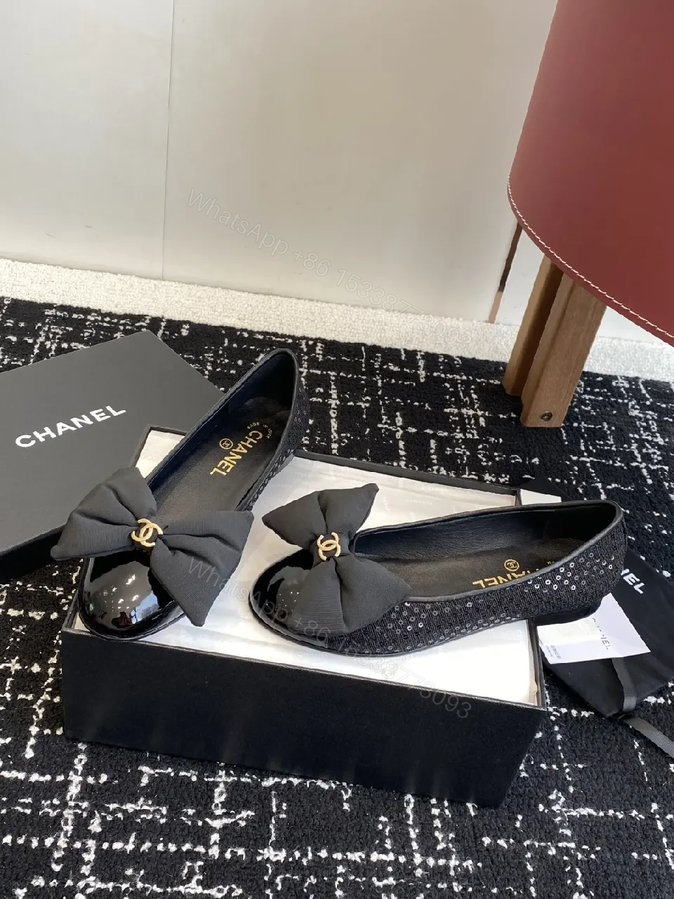 Chic Black Patent Ballet Flats with Ribbon Bow Accent — view 1