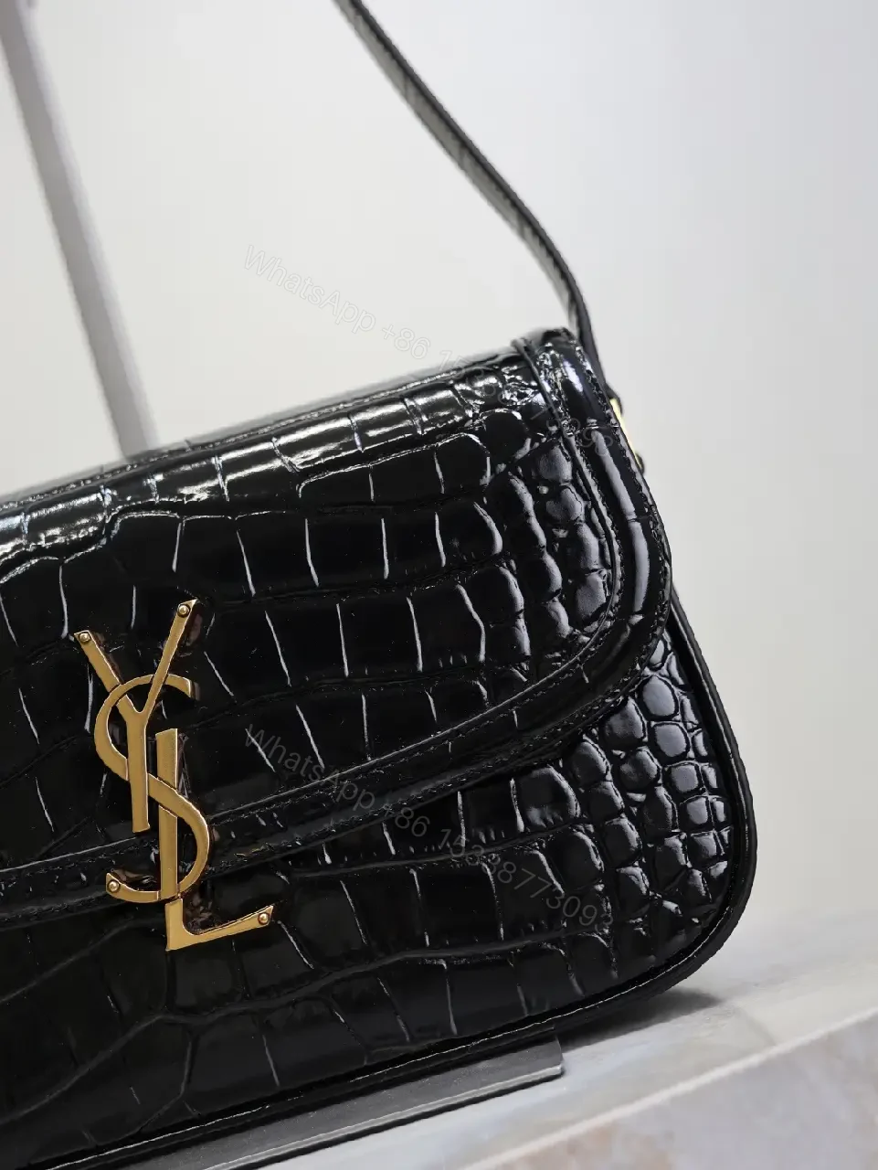 View 4 of Crocodile-Texture Leather Shoulder Bag with Gold Hardware