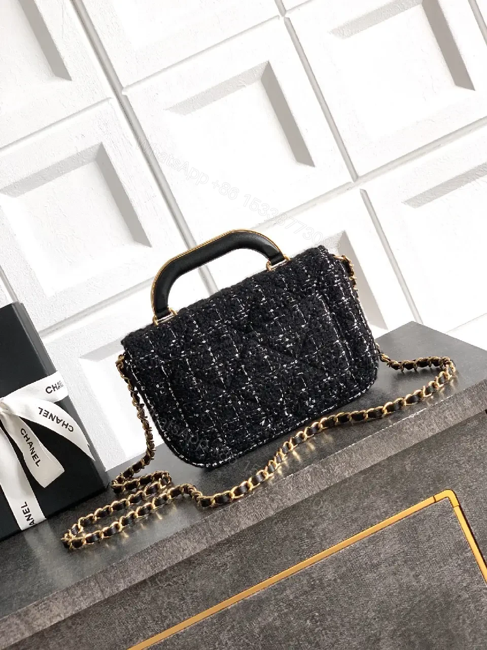 View 3 of Tweed Handbag: Compact Luxury with Gold Logo Clasp