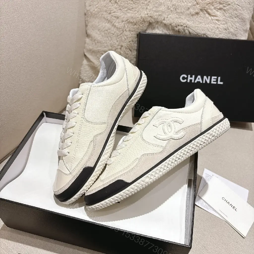 View 6 of Cream Leather-Texture Sneaker with Signature Emblem, Modern Couture Style