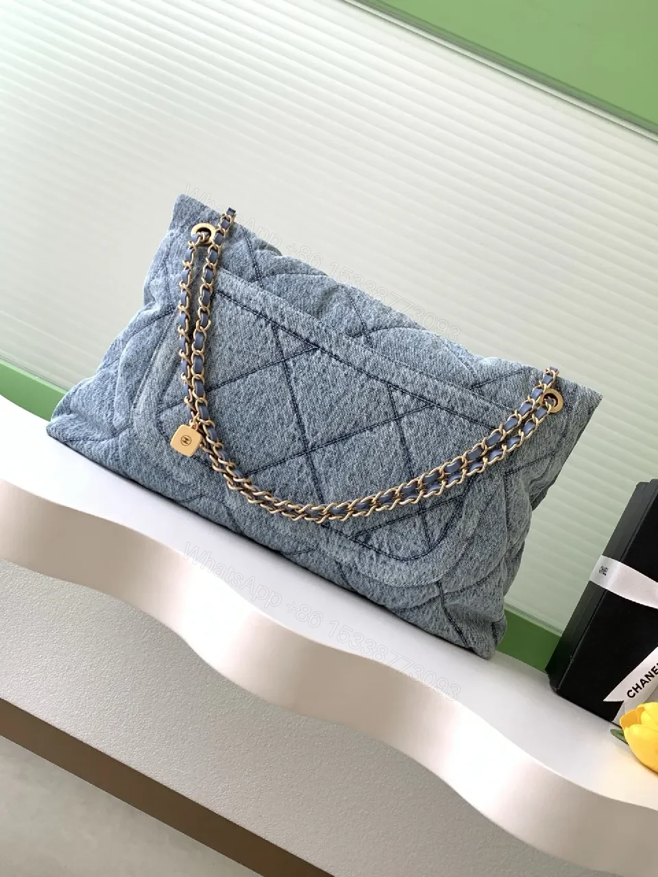 View 8 of Denim-Texture Flap Bag: Luxe Chain-Handled Chic