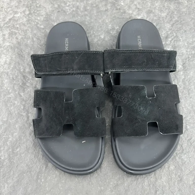 View 3 of Minimalist Black Suede Sandals with Cut-Out Detail - Hermes-Inspired