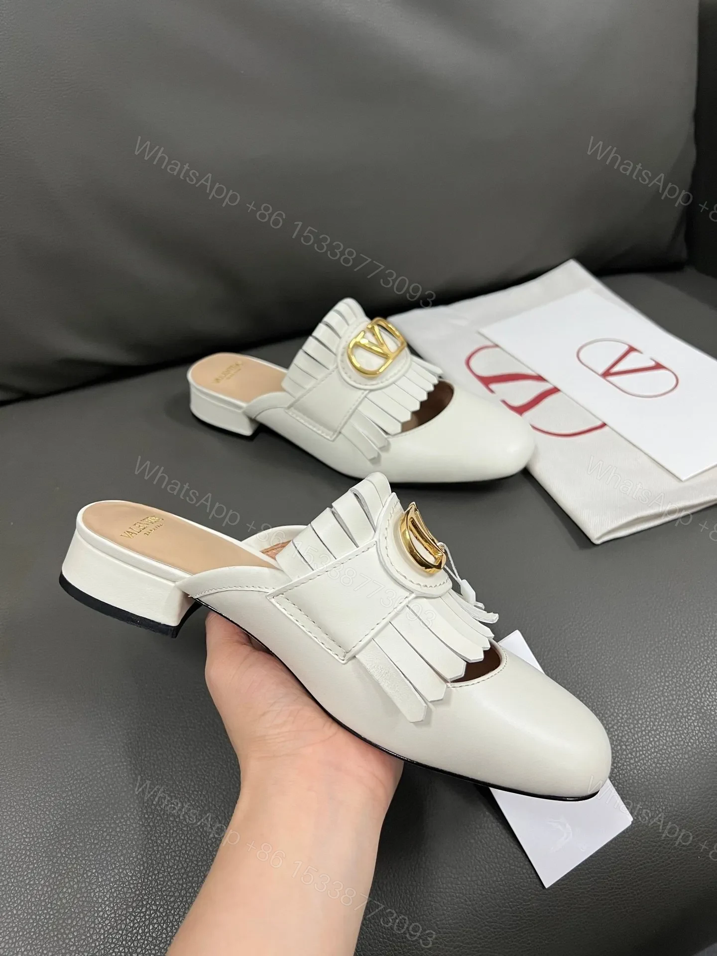View 6 of Valentino Women White Leather Fringe Mules