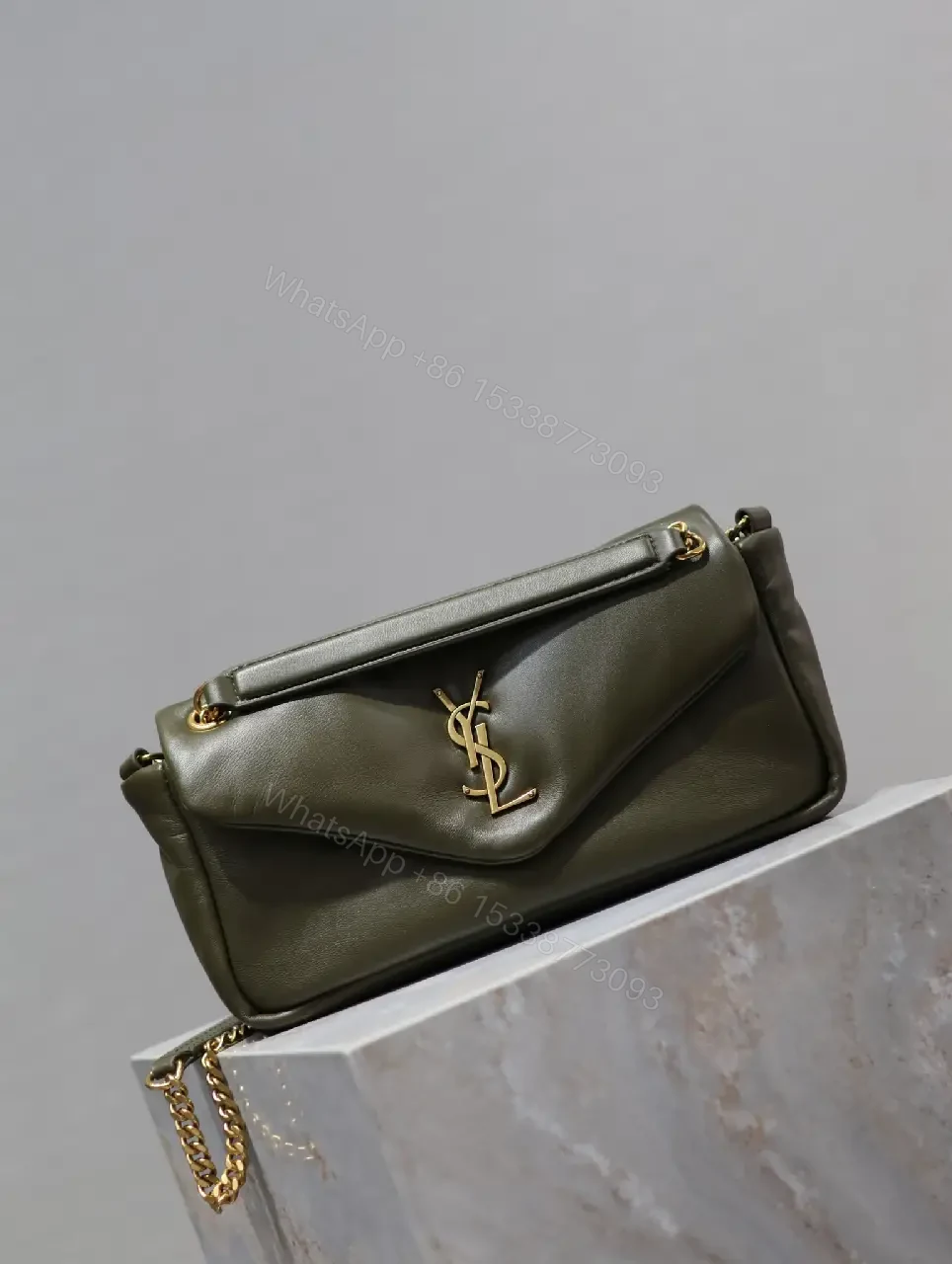 View 5 of Olive Leather Mini Bag: Structured, Gold YSL Logo, Compact Elegance