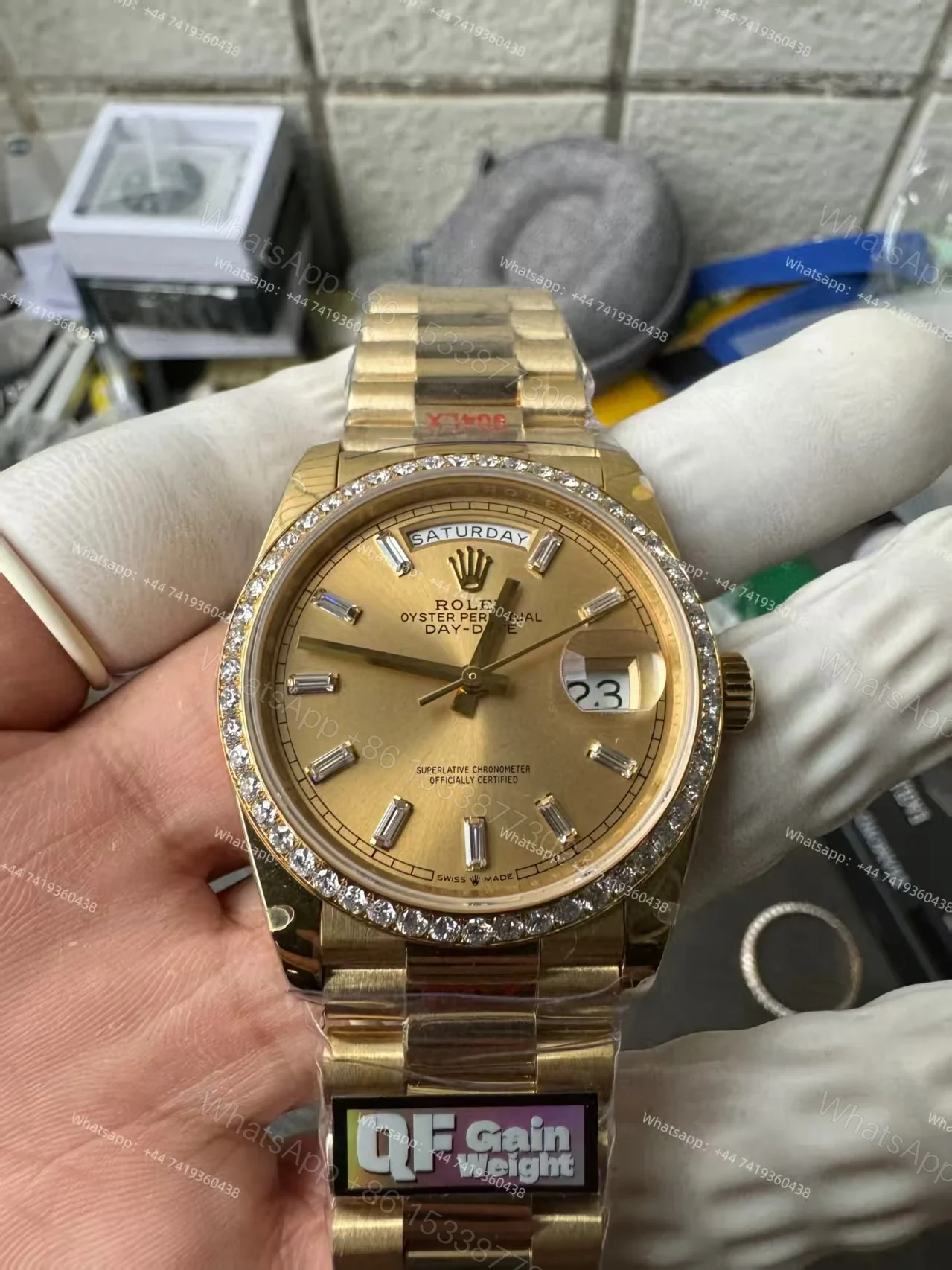 View 10 of Rolex Day-Date M228348RBR-0002 1:1 Replica Moissanite Bezel Gold Dial 40MM 3255 Movement Super Clone Watch