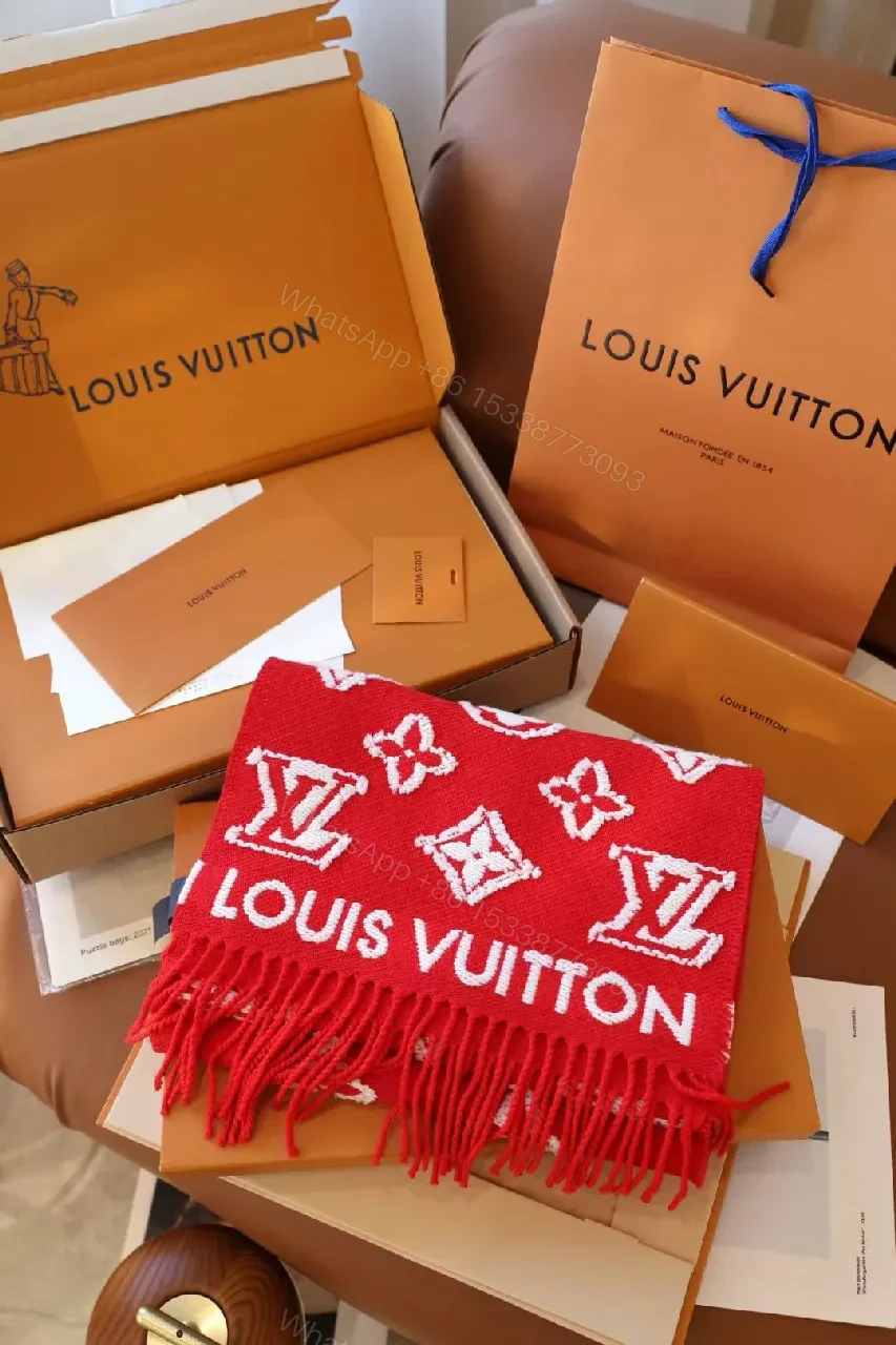 View 7 of Bold Red Monogram Silk-Blend Scarf with Luxe Fringe Accent