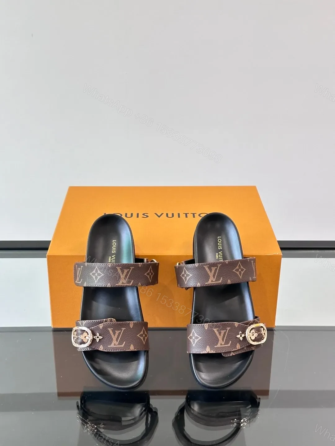 View 6 of LV Men Brown Leather Logo Print Sandals
