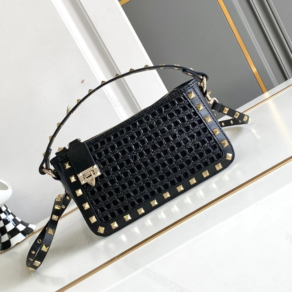 View 2 of VALENTINO GARAVANI ROCKSTUD RAFFIA SMALL CROSSBODY BAG BLACK 19CM