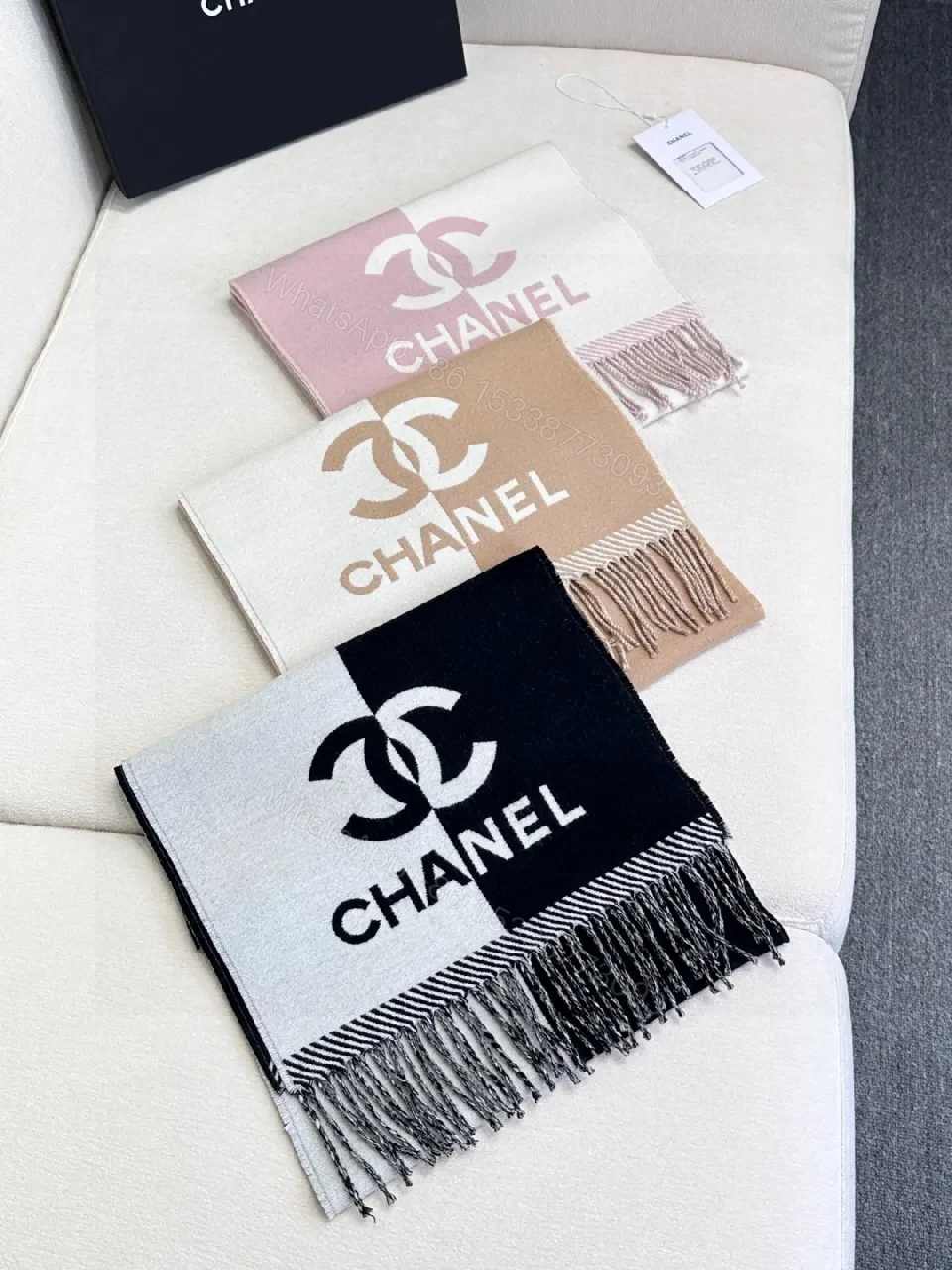 View 4 of Black-White Luxe Throw Scarf: Bold Contrast Weave, Fringe Edge