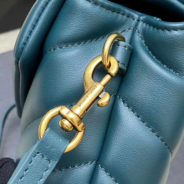 View 8 of Teal Quilted Flap Bag with Gold YSL Accent - Compact Luxury