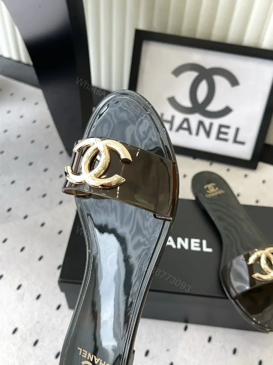 View 8 of Black Patent Leather Slides Gold Chanel Logo - Slide Sandals