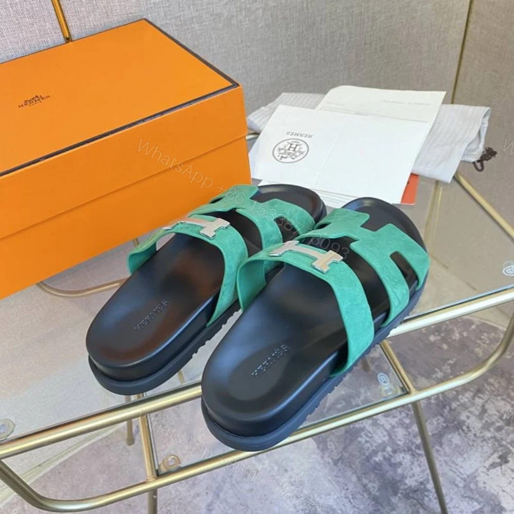 View 2 of Hermes Chypre Sandal Suede H Logo Silver Hardware Green