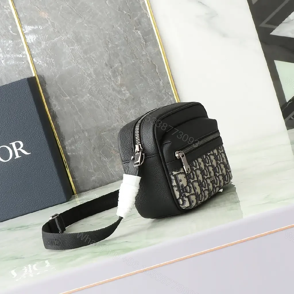 View 8 of Compact Luxury Crossbody with Monogram Motif, Calfskin Accent