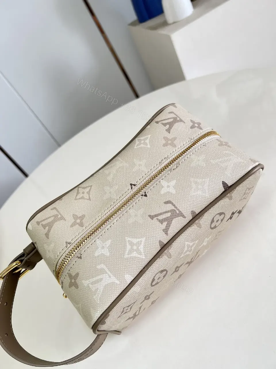 View 7 of Beige LV Monogram Cosmetic Pouch: Structured, Top Zipper