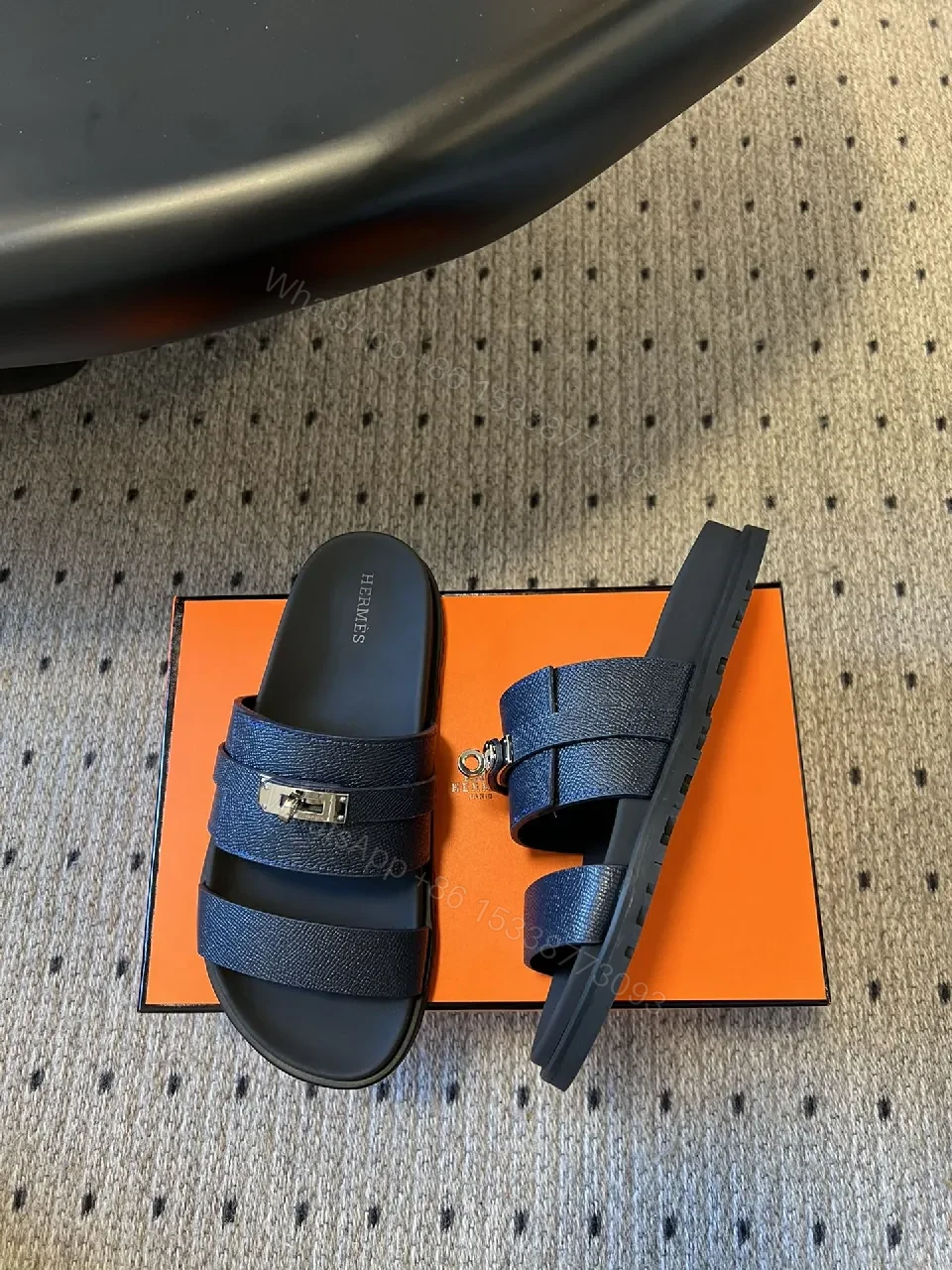 View 7 of Navy Leather Triple-Strap Sandals with Metal Hardware