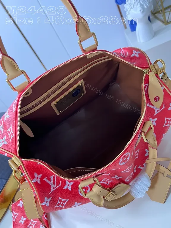 View 2 of Bold Red Satchel: LV-Inspired Monogram Pattern Carryall