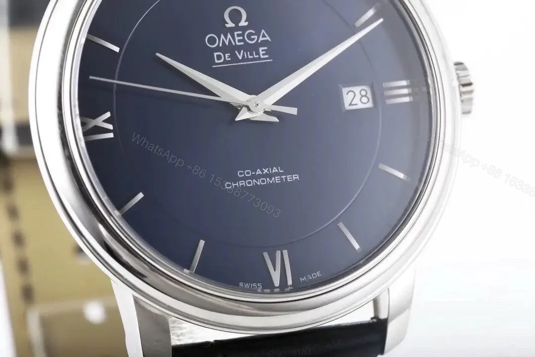 View 4 of Omega De Ville Prestige Replica Watch Blue Dial Silver Case Black Leather Strap