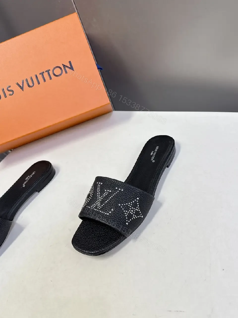 View 5 of Black Leather Slide Sandals with Crystal Embellishment - Comfort, Luxury