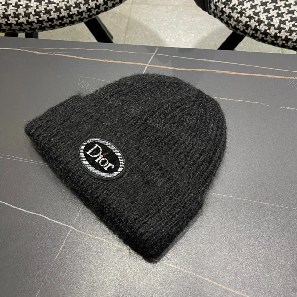 View 7 of Black Knit Beanie, Dior Patch, Subtle Luxury Winter Accessory