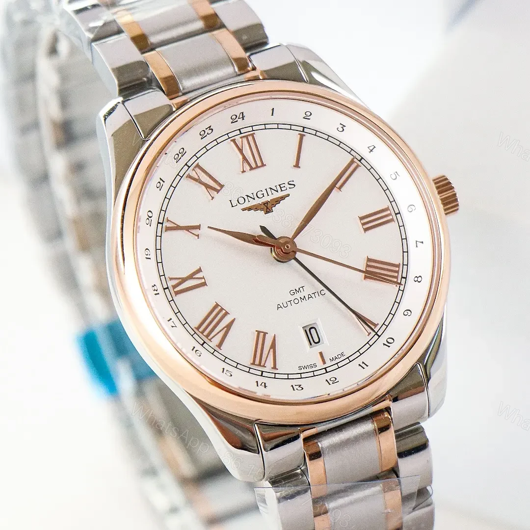 View 2 of Longines Master Classic Re Edition GMT Two Time Zone Watch White Dial Two Tone Stainless Steel and Rose Gold Bracelet 40mm Case Italian Grey Leather Strap Option