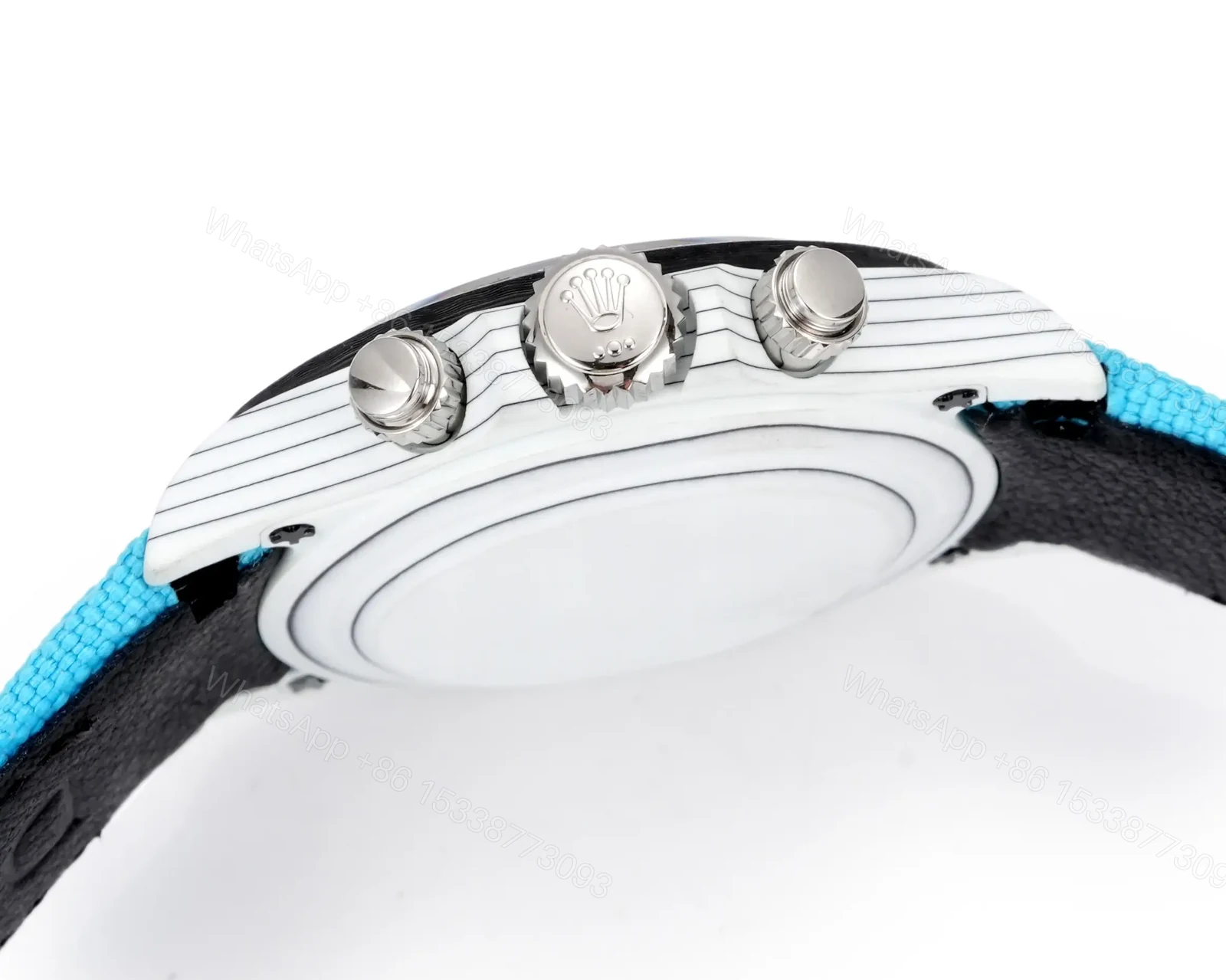 View 6 of Best Rolex Daytona White Turquoise Strap replica 40MM Black Dial Edition RG-DAYTONA-WHITE-TURQUOISE-STRAP-40
