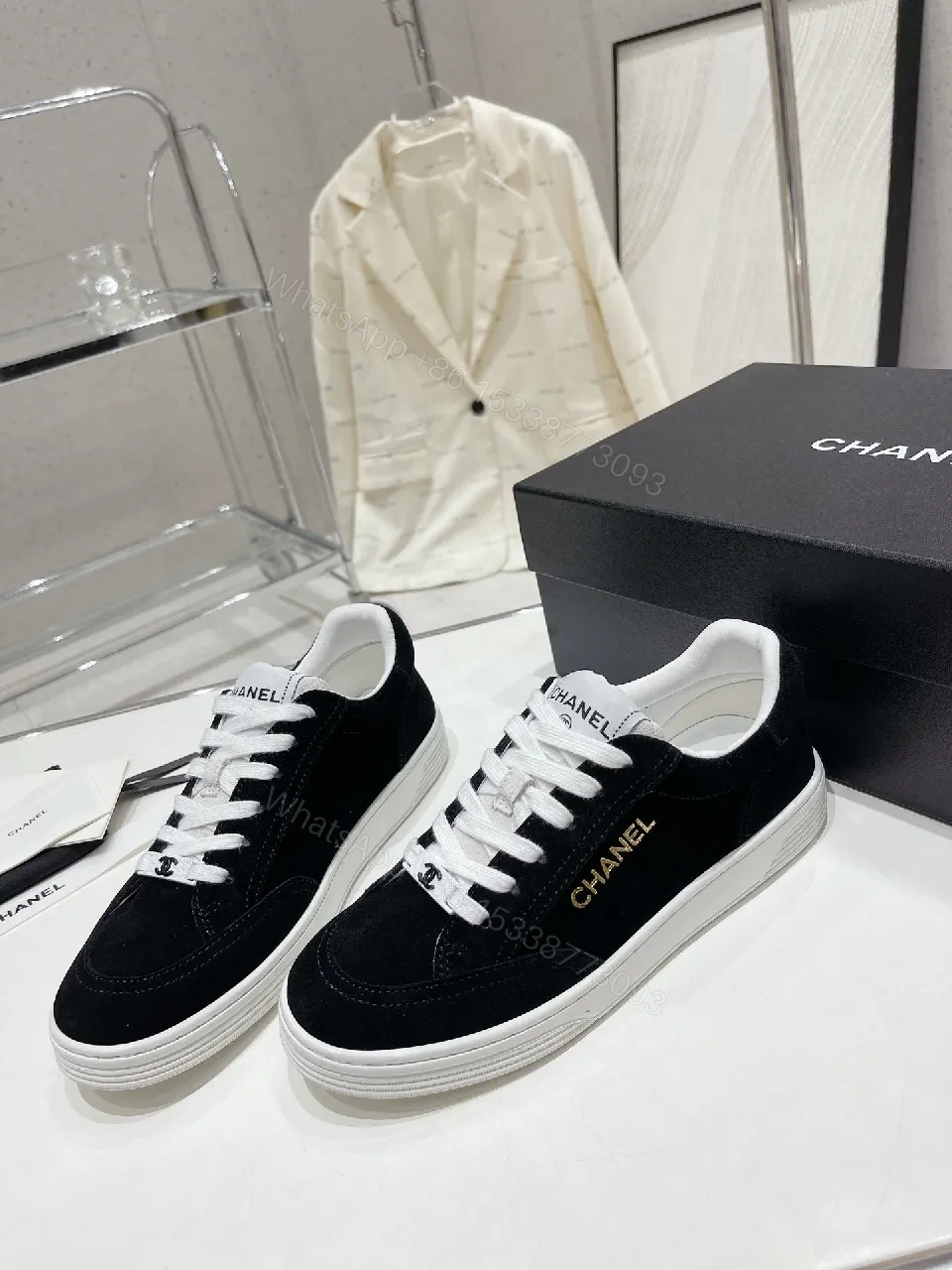 View 5 of Black & White Suede Leather Sneakers - Subtle Logo Details, Everyday High-Tops