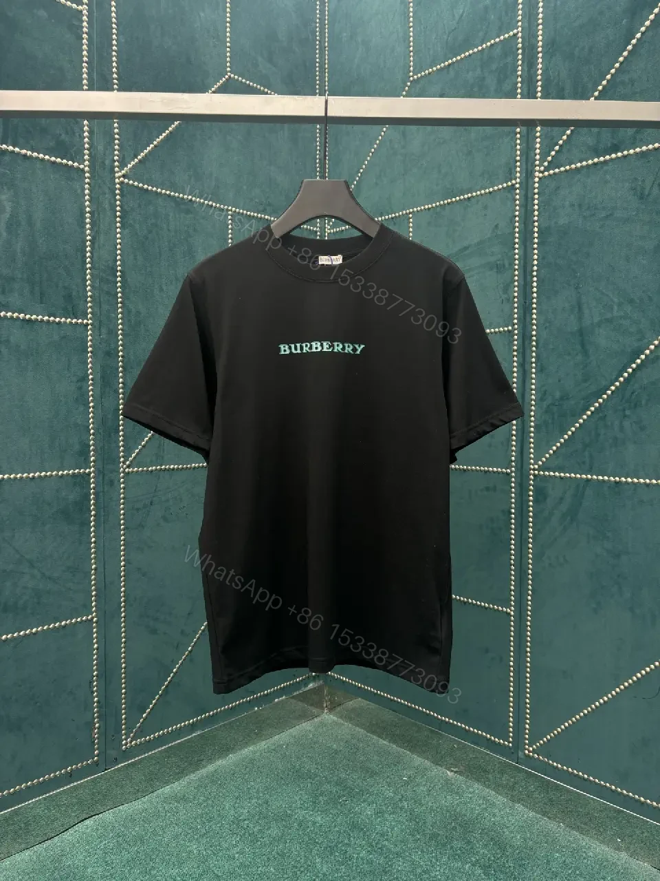 View 8 of Black Cotton Jersey T-shirt Mint-Green Burberry Logo Short Sleeve Tee